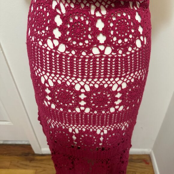 Free People Burgundy Maxi Crochet Short Sleeve Round Neck Dress - Sml - Picture 2 of 4